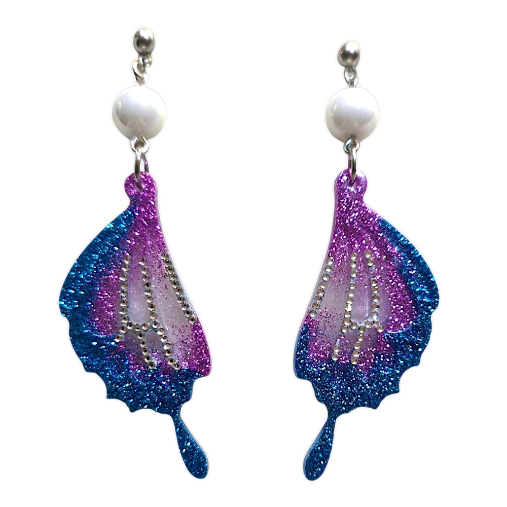 Handmade Resin Blue and Purple Butterfly Wing Earrings W/Glass White Bead - Picture 3 of 3